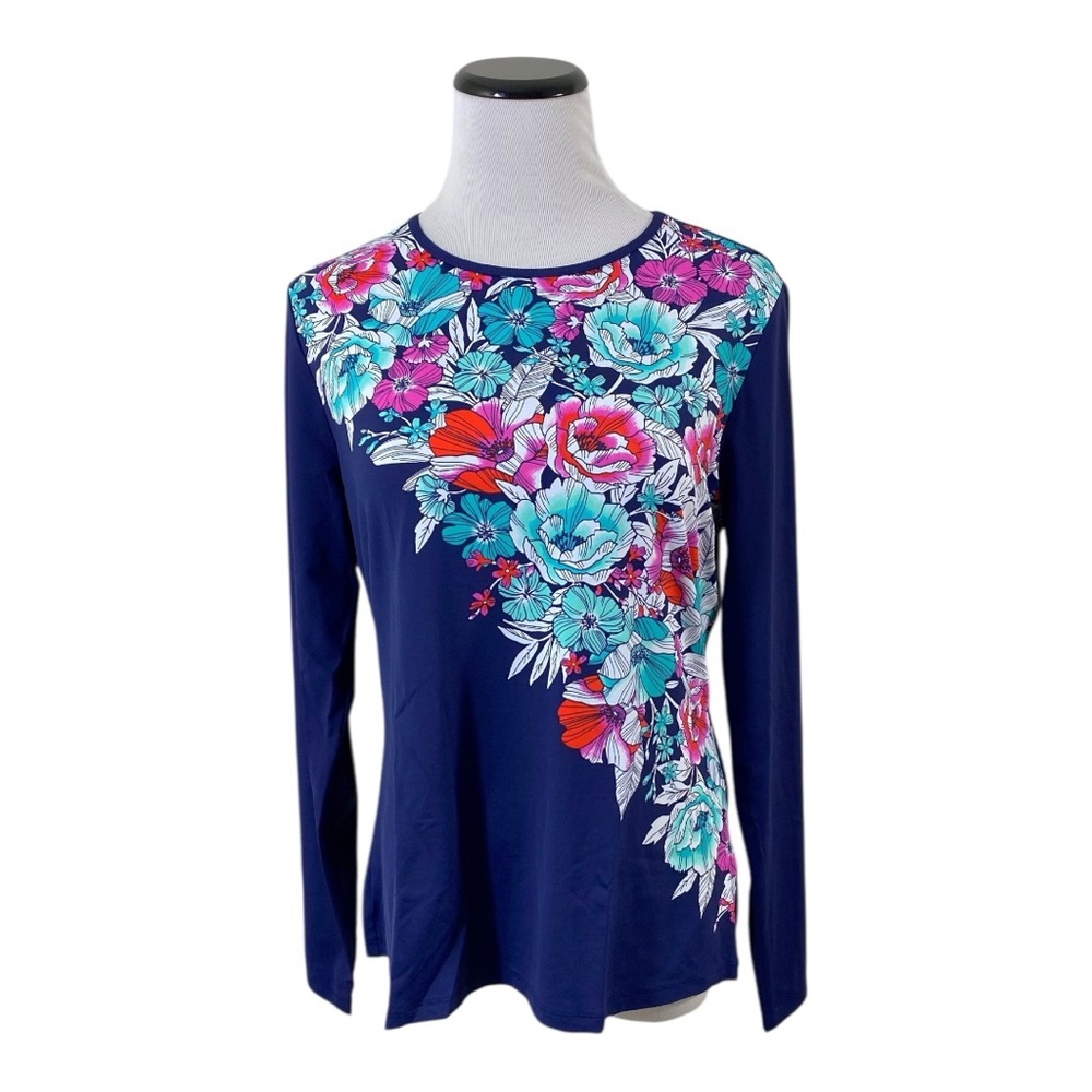 Lands End Rash Guard Athletic Swim Shirt M Deep Sea Blue Floral Swim Tee UPF 50